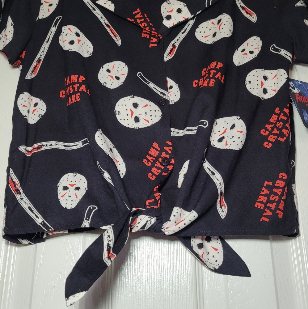 Friday the 13th Camp Crystal Lake Tie-Front Button-up Shirt Machete Horror Large - Picture 5 of 11